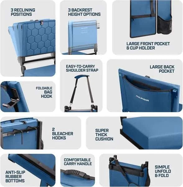 Folding reclining stadium seat with padded backrest, cup holder, and adjustable support for outdoor events
