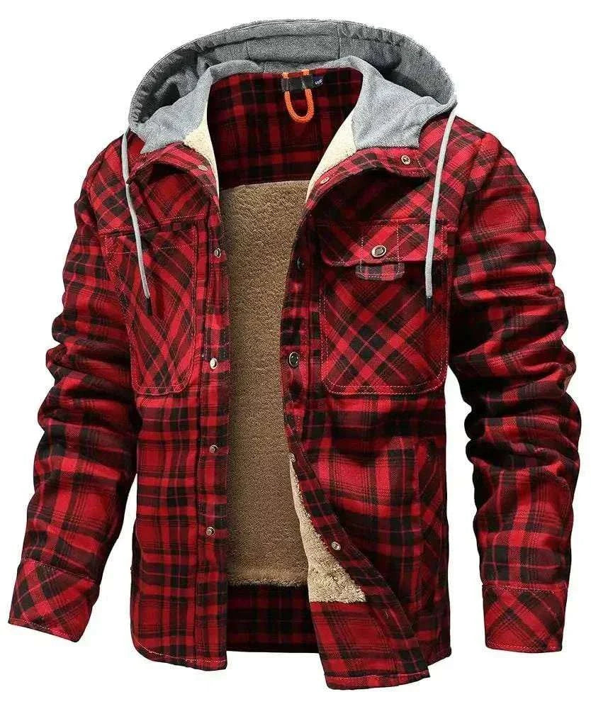 Men's hooded sherpa-lined plaid flannel winter coat with full-zip and slim fit in multiple colors