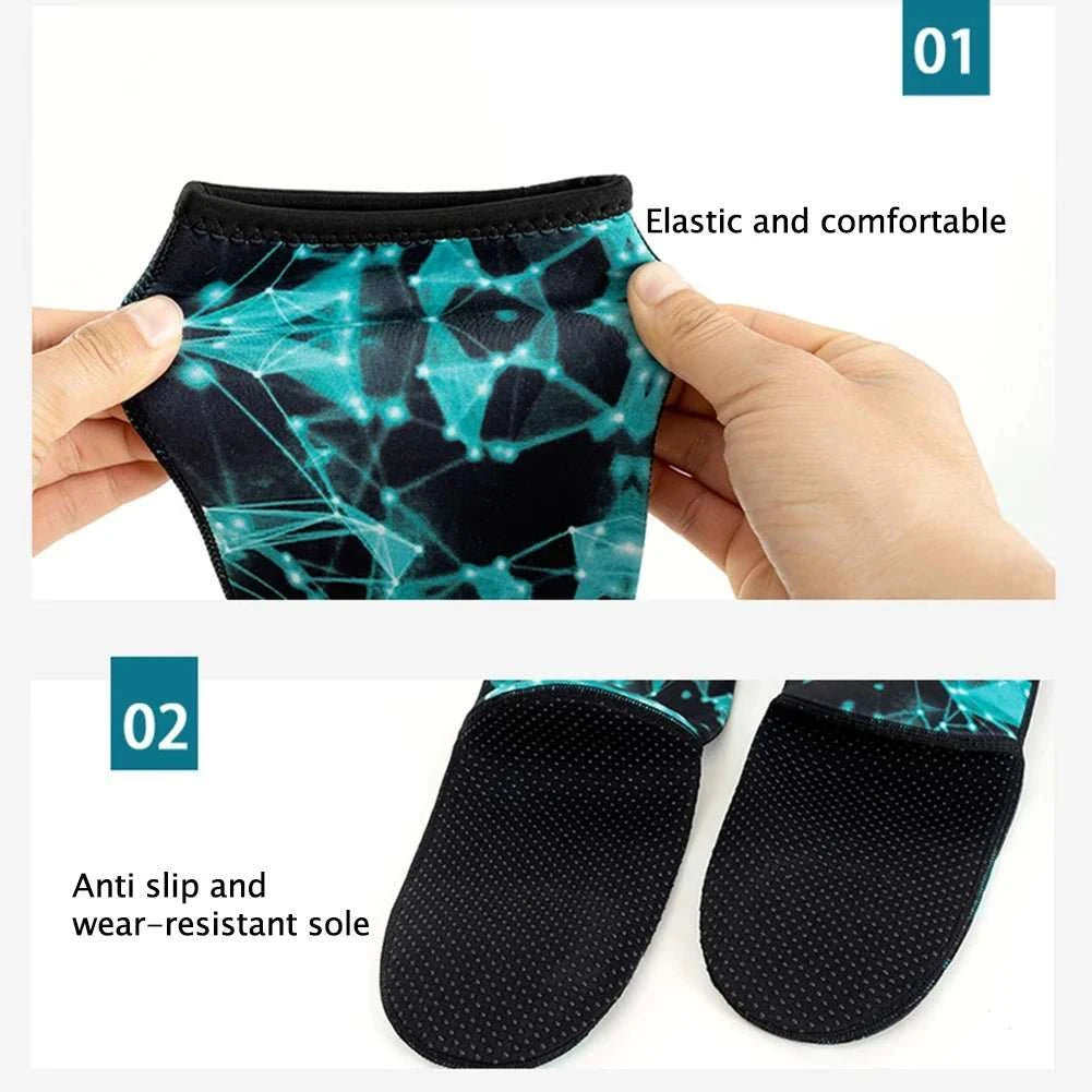 Blue neoprene diving socks with anti-slip soles for water sports and snorkeling