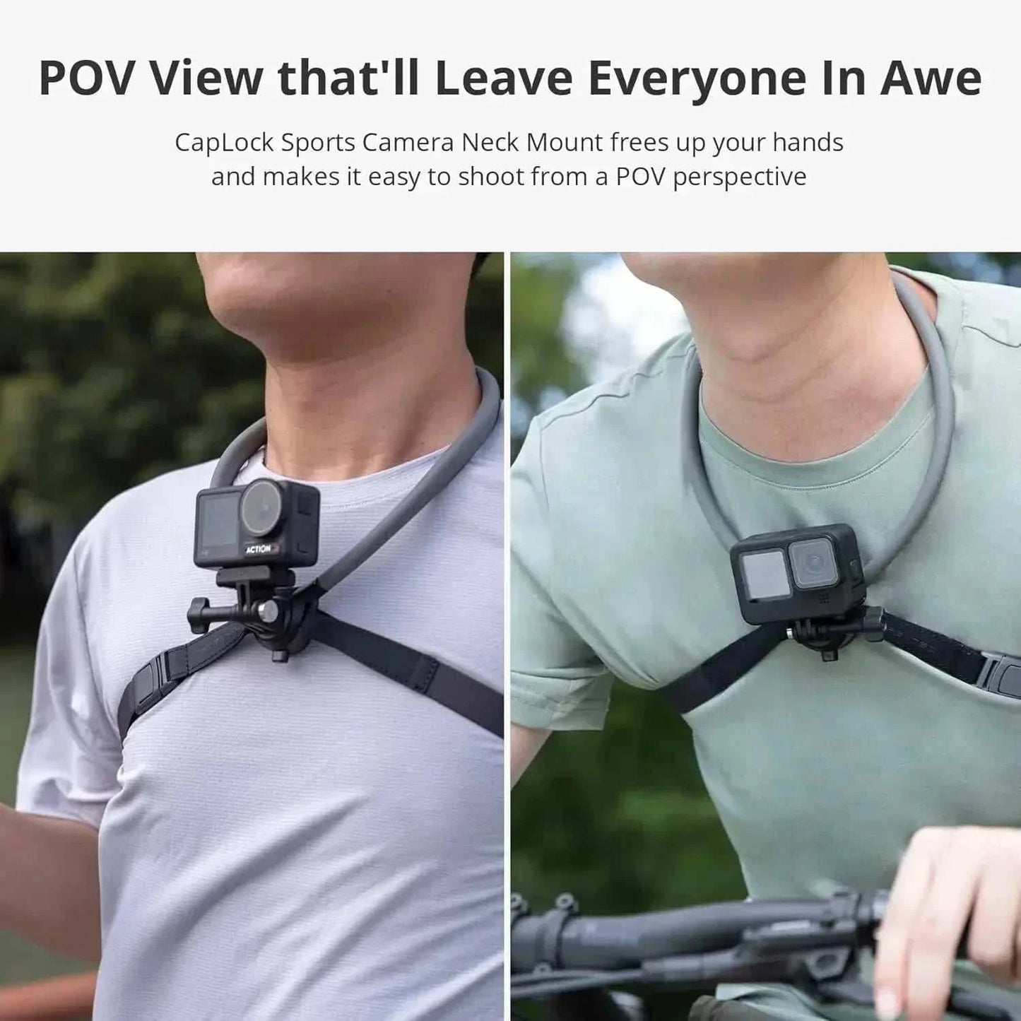 Adjustable silicone-coated neck and chest mount harness for action cameras with 300g capacity and secure straps