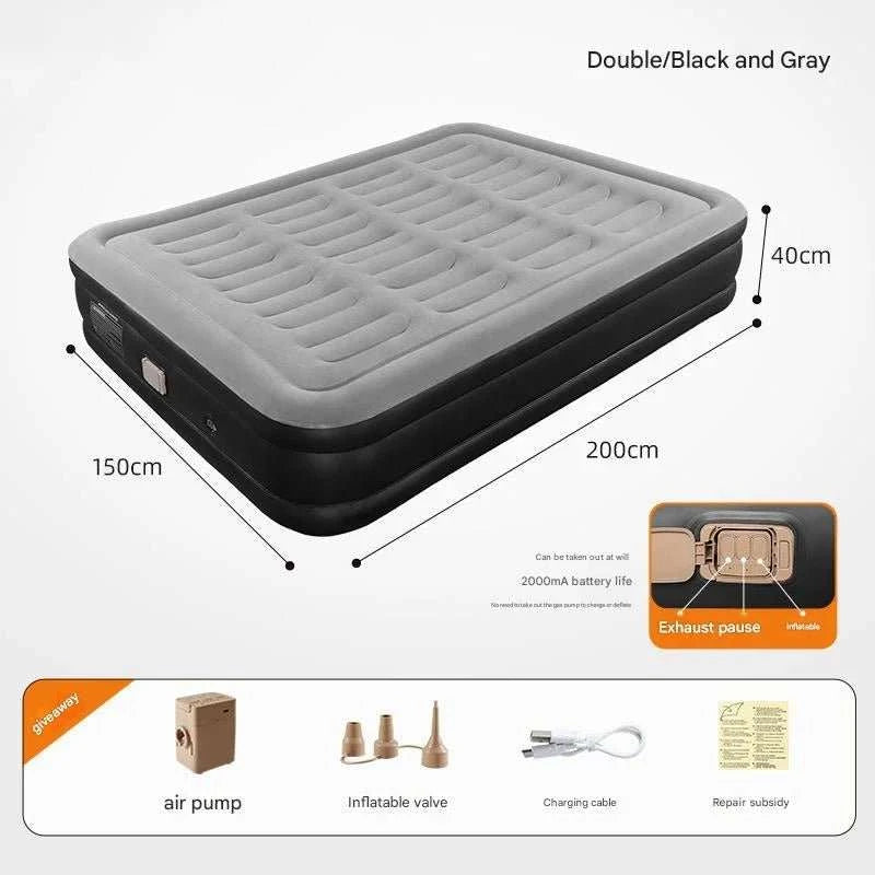 Portable PVC inflatable bed with built-in pump for camping, elevated 16-inch height, fiber-tech design, and soft velvety surface.