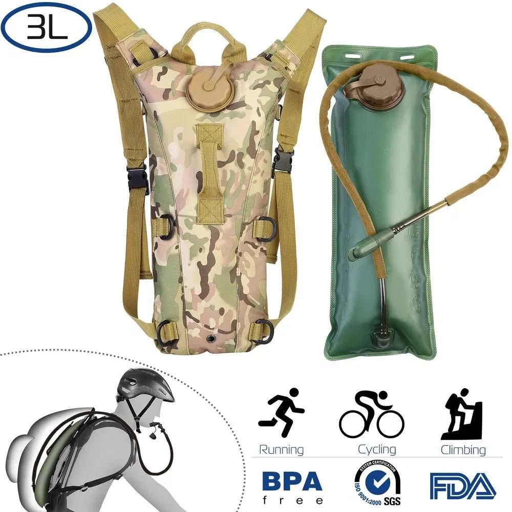 Tactical Hydration Pack with 3L water bladder and adjustable straps in rugged waterproof nylon