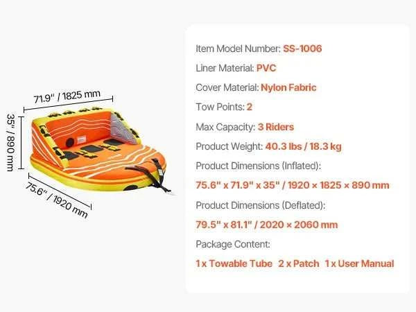 Towable tube for boating with 4 riders, padded grips, and durable UV-resistant nylon cover