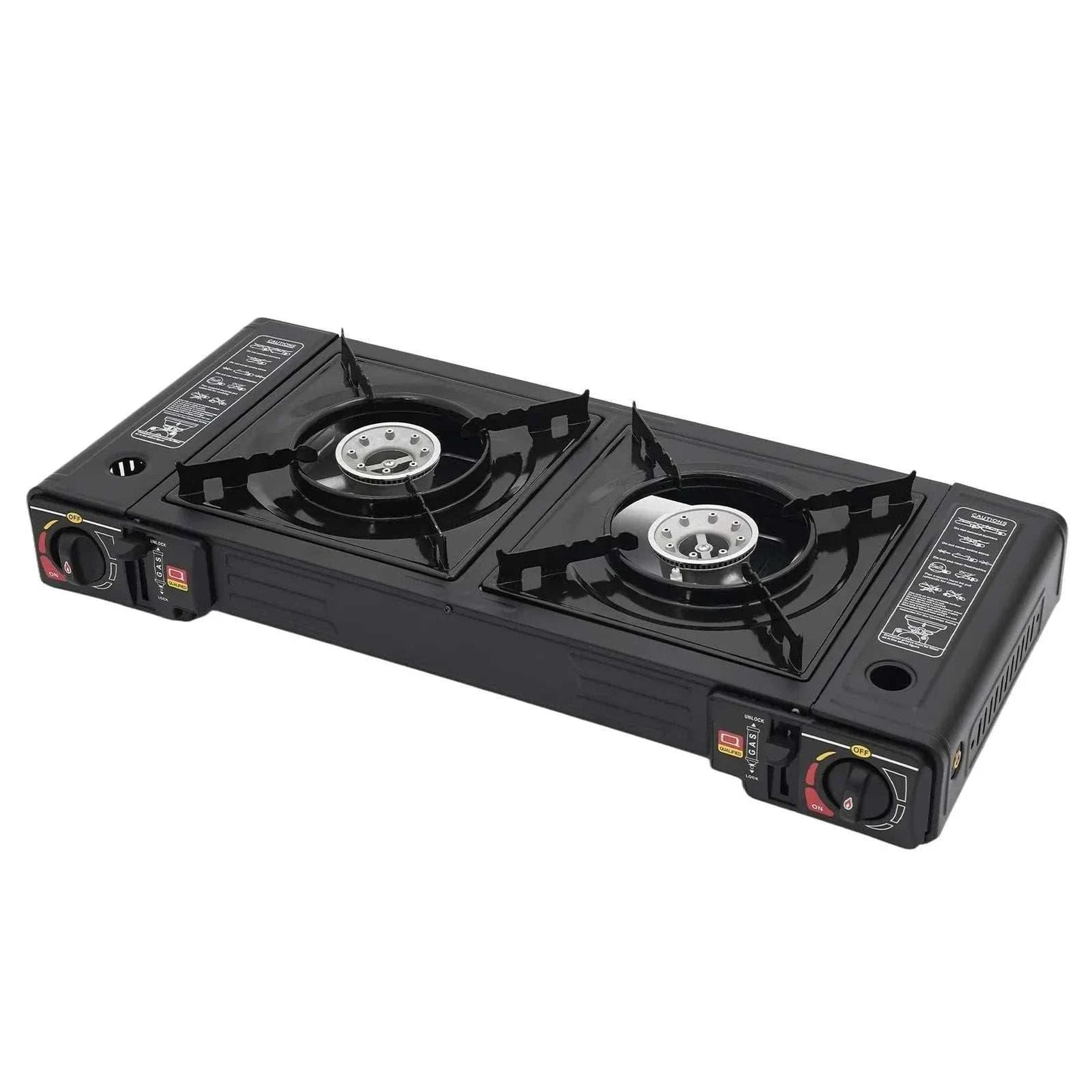 Two burner portable camping stove with butane kit and dual high-heat burners