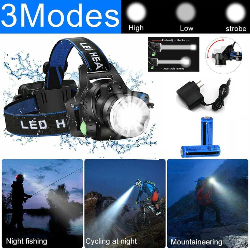 USB rechargeable LED headlamp with 3 modes, waterproof, zoomable beam, and wave sensor for outdoor activities