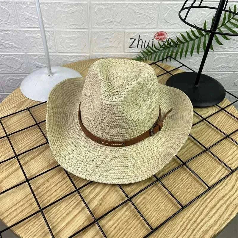Wide brim straw cowboy hat with foldable design and sun protection for unisex use