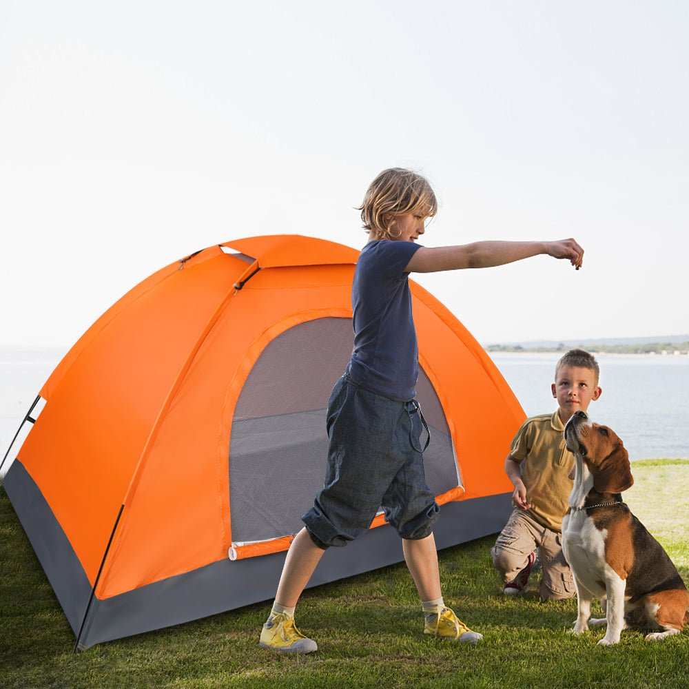 Lightweight waterproof camping dome tent for one person with quick setup and orange color