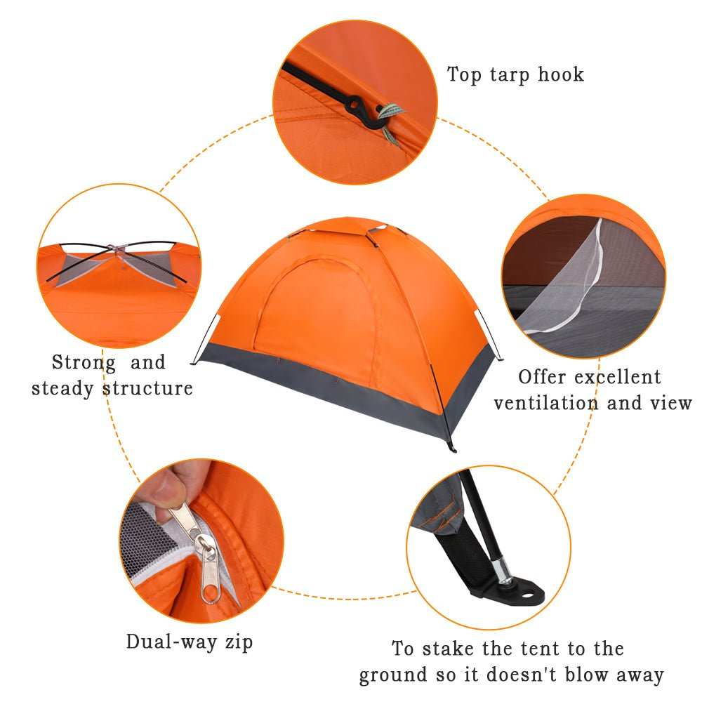 Lightweight orange waterproof camping dome tent with quick setup for backpacking