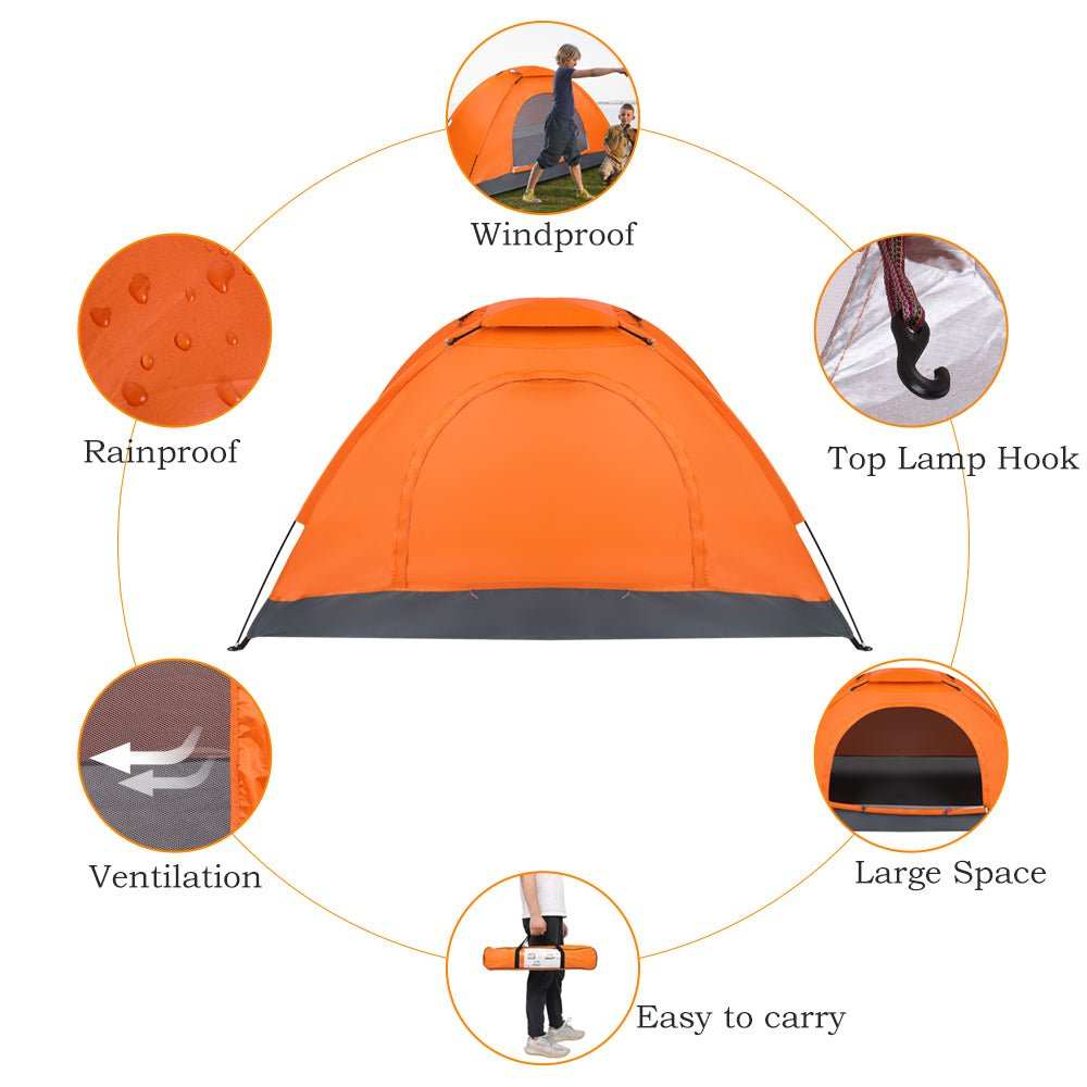 Lightweight orange waterproof camping dome tent set up for one person on a grassy trail
