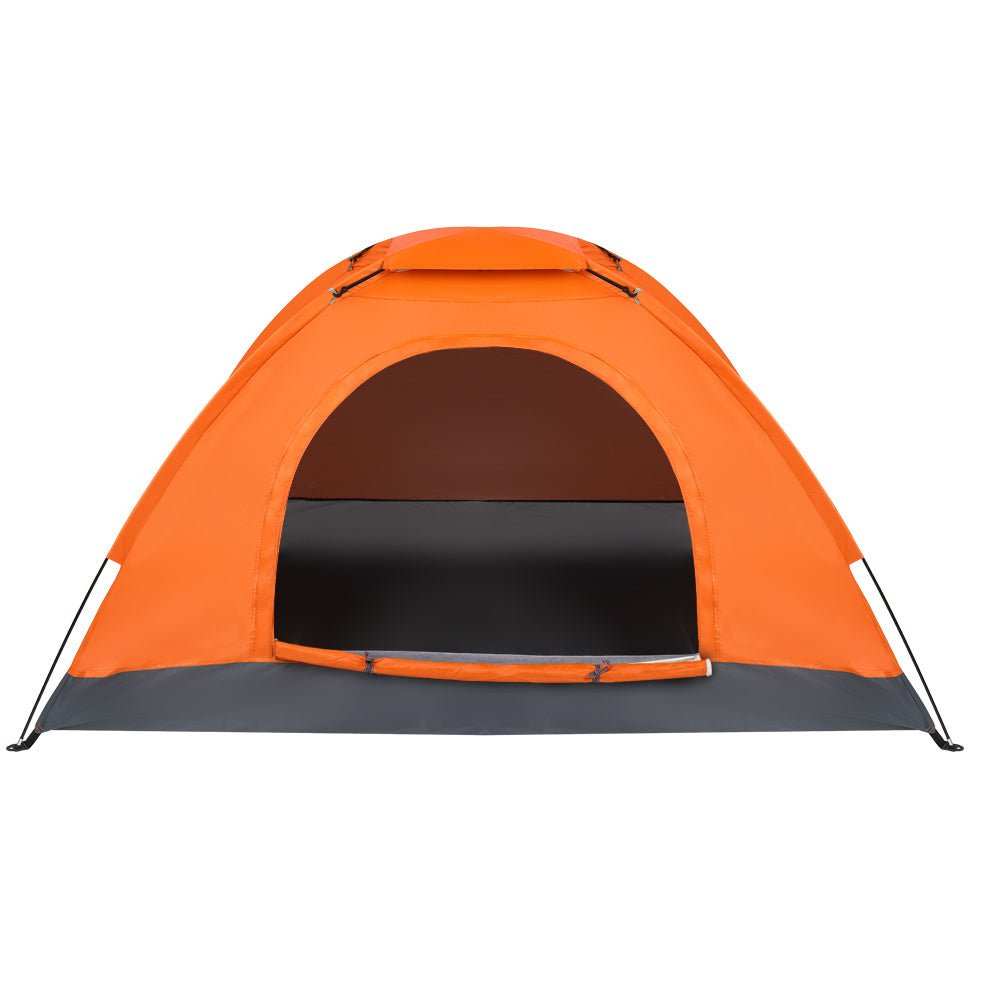 Lightweight orange waterproof camping dome tent set up outdoors for backpacking