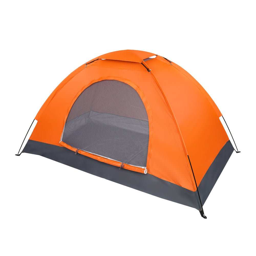 Lightweight waterproof camping dome tent in orange, fast setup for backpacking