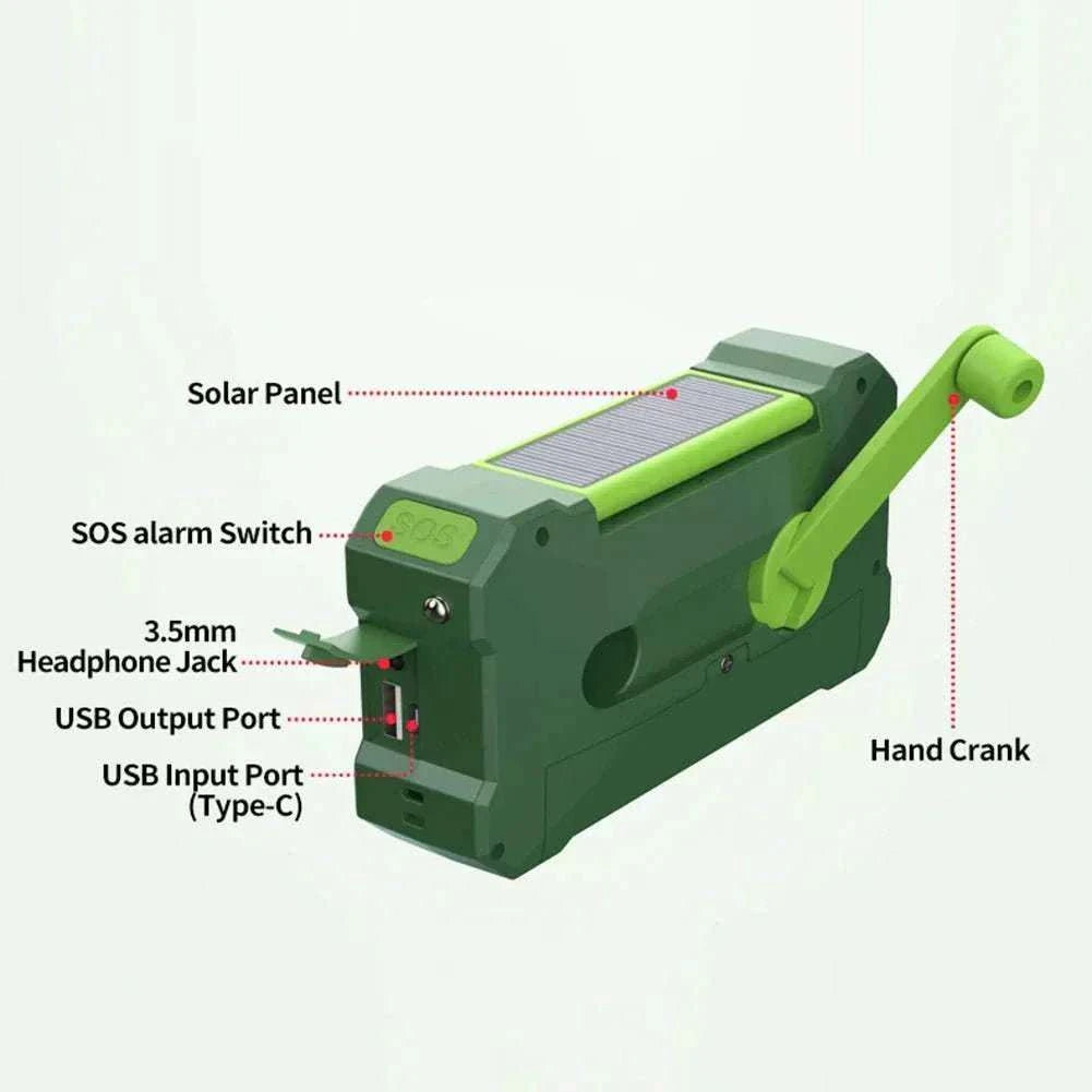 Emergency radio with 10000mAh battery, AM/FM/NOAA alerts, USB-C, hand-crank, solar charging, dual speakers, and IPX4 water resistance.