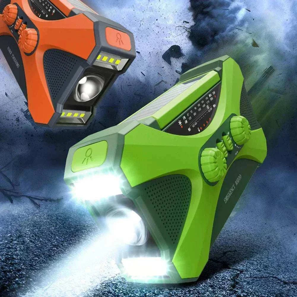 10000mAh battery emergency radio with AM/FM/NOAA alerts, USB-C, hand-crank, solar charging, dual speakers, and IPX4 water resistance