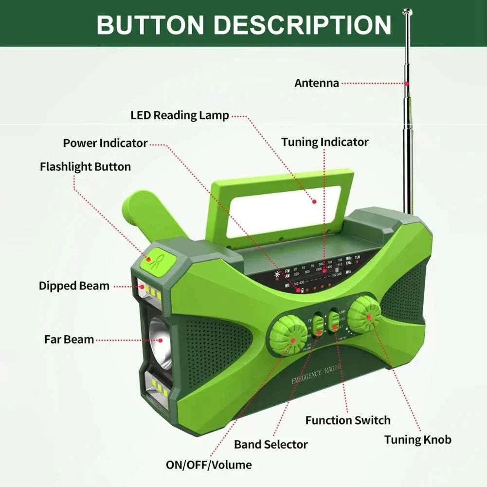 10000mAh battery emergency radio with AM/FM/NOAA alerts and USB charging ports