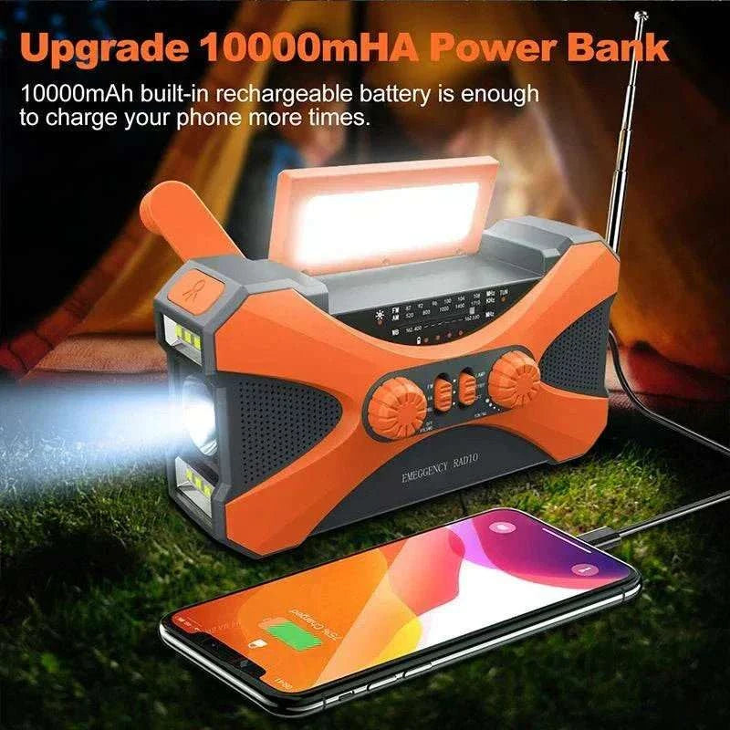 Portable emergency radio with 10000mAh battery, AM/FM/NOAA alerts, dual speakers, and solar charging
