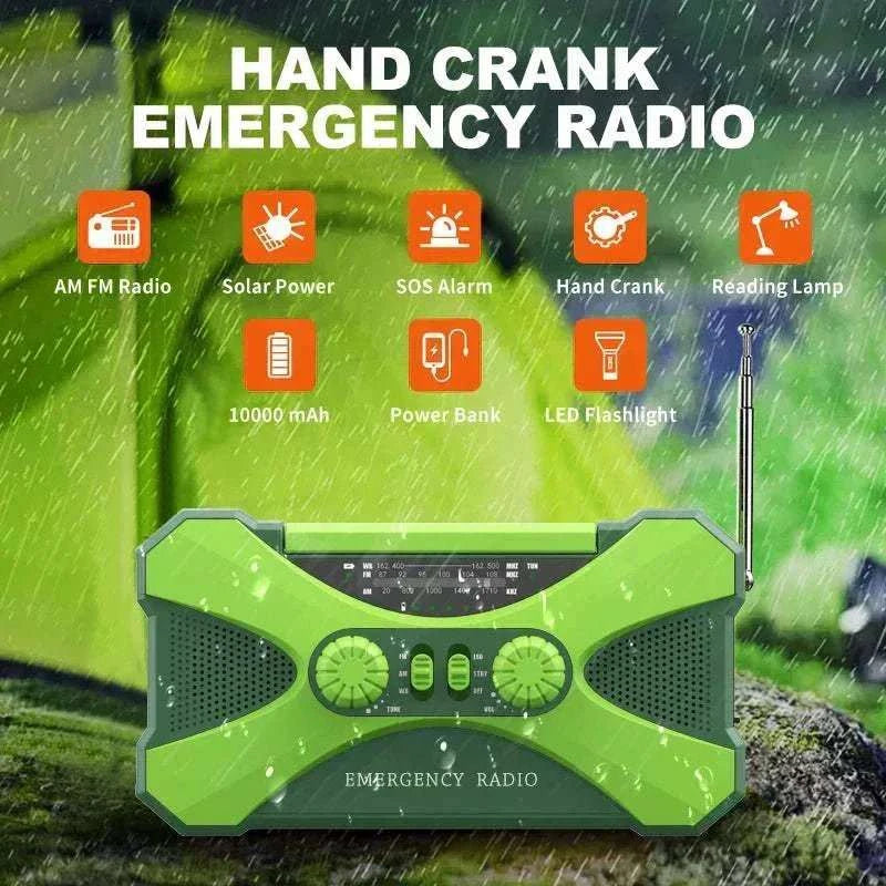 Portable emergency radio with 10000mAh battery, AM/FM/NOAA alerts, solar charging, and dual speakers