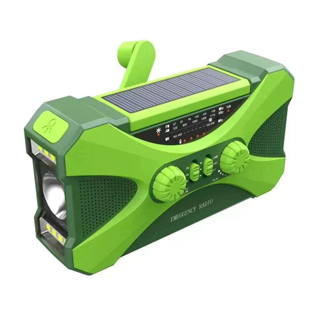 Portable emergency radio with 10000mAh battery, AM/FM/NOAA weather alerts, dual speakers, USB charging, solar and hand-crank options.
