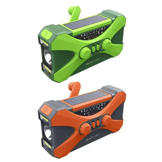 Emergency radio with 10000mAh battery, AM/FM/NOAA weather alerts, dual speakers, and solar charging power bank