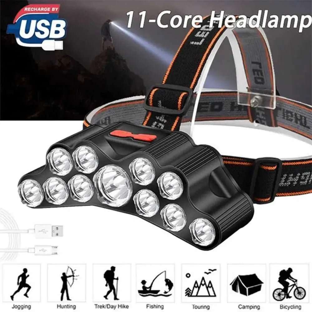 11 LED USB rechargeable headlamp with built-in 18650 battery for camping and hiking