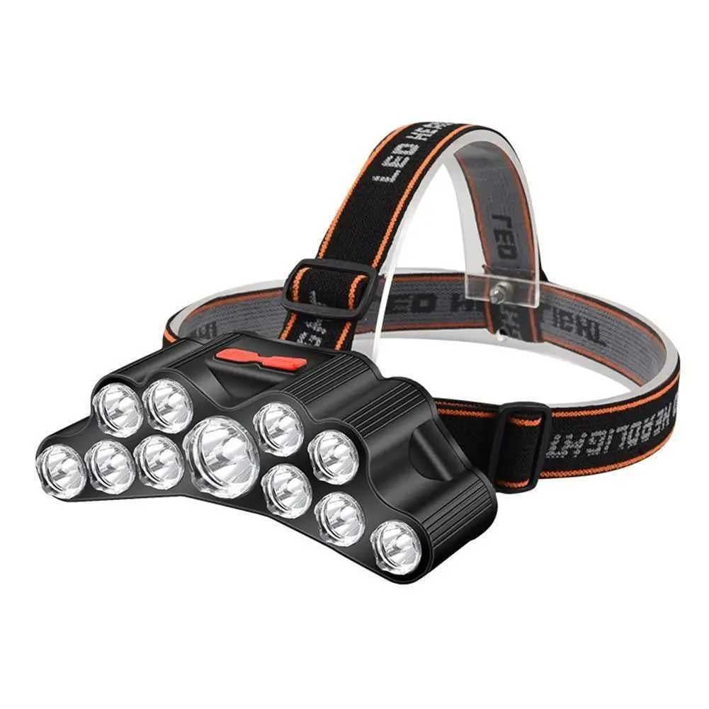 11 LED USB rechargeable headlamp with built-in 18650 battery, waterproof design, and adjustable strap for camping and hiking