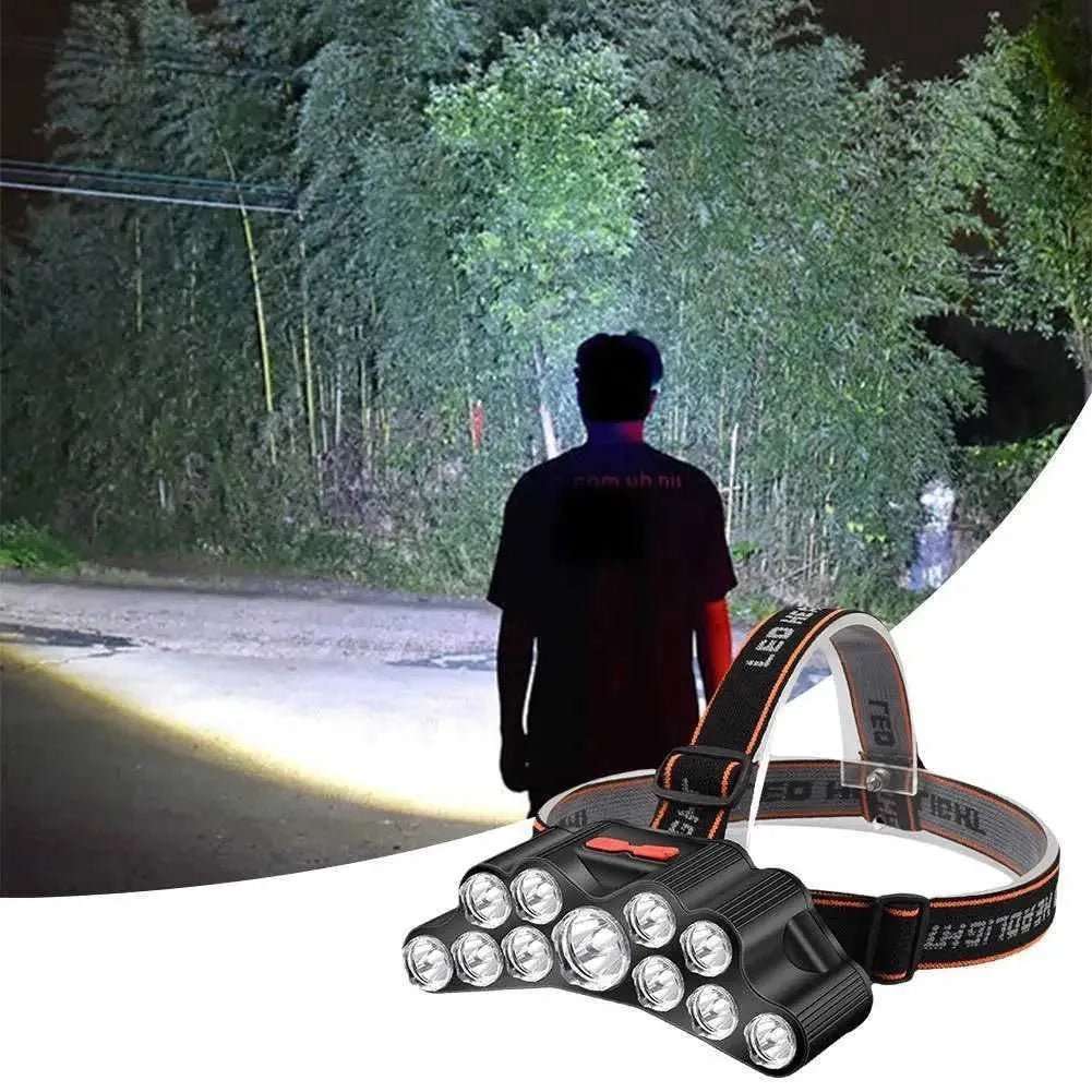 11 LED USB rechargeable headlamp with built-in 18650 battery, waterproof design, and adjustable strap for camping and hiking