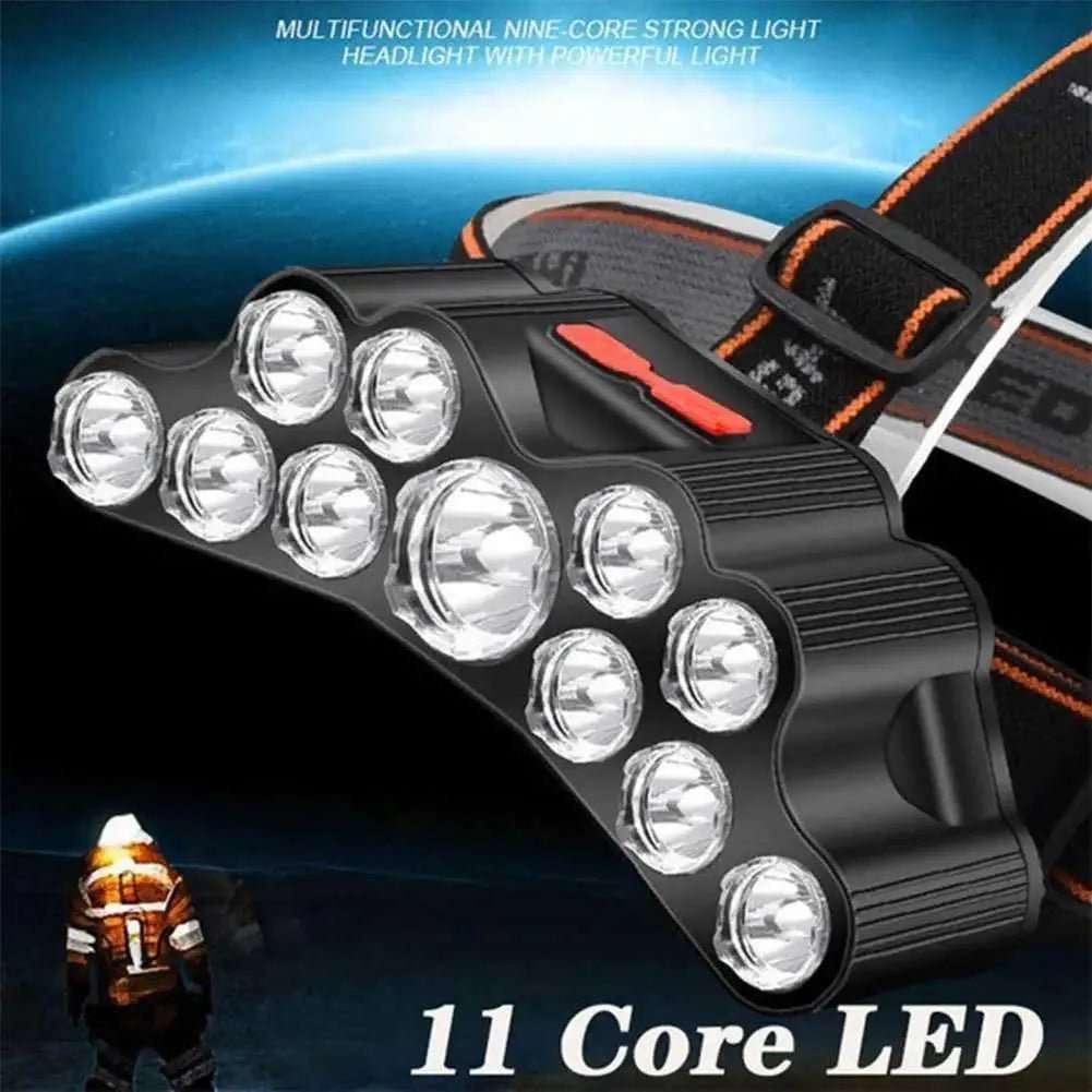 11 LED USB rechargeable headlamp with built-in 18650 battery, waterproof design, and adjustable strap for camping and hiking