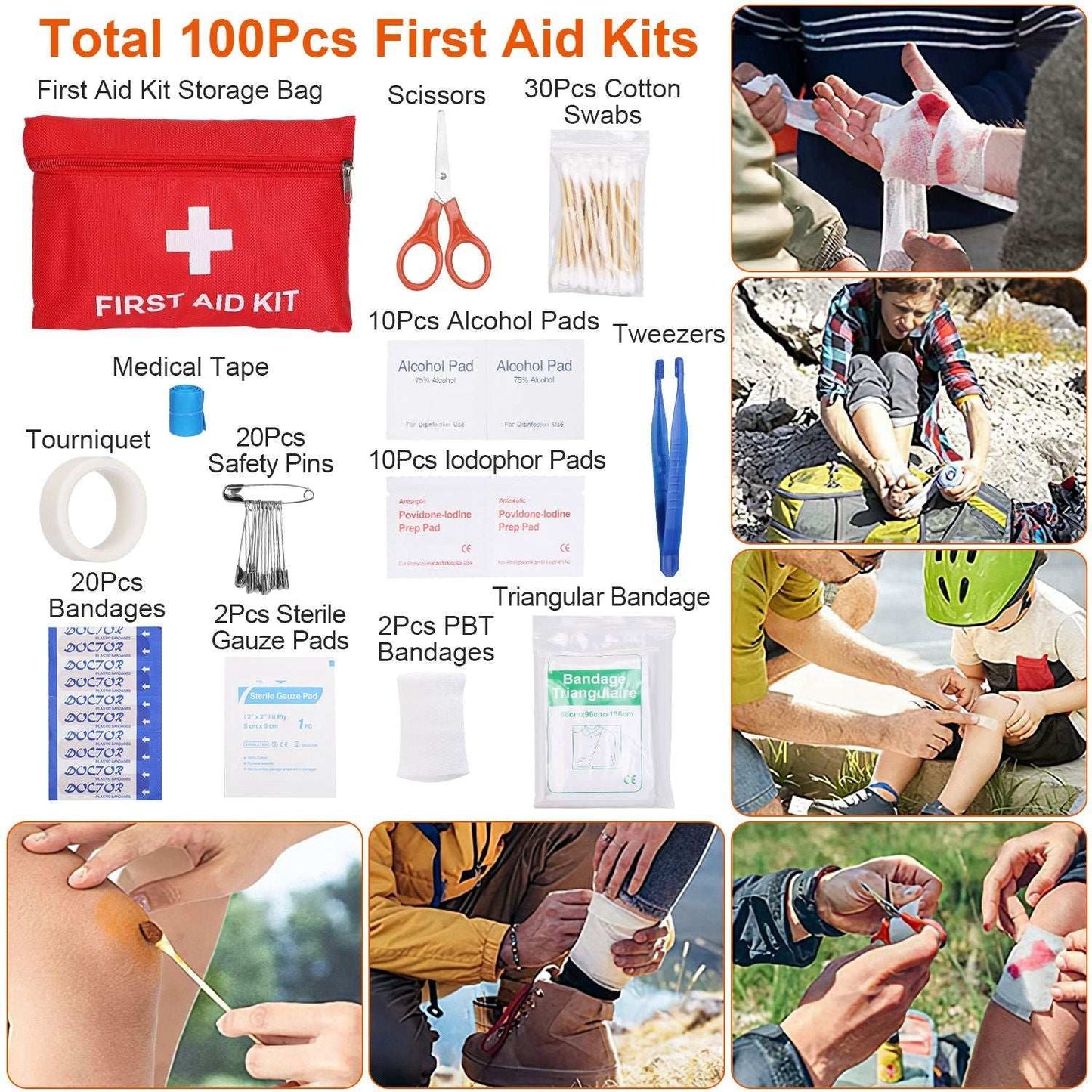 125-piece survival kit with medical supplies, tools, and emergency gear in a portable pouch for outdoor camping and hiking