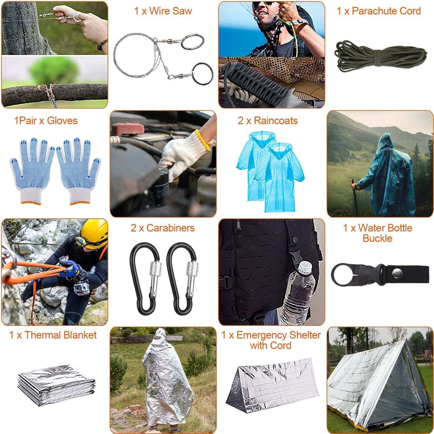 125-piece survival kit with emergency gear including multifunctional axe, compass, flashlight, and first-aid supplies in a portable pouch for outdoor camping and hiking