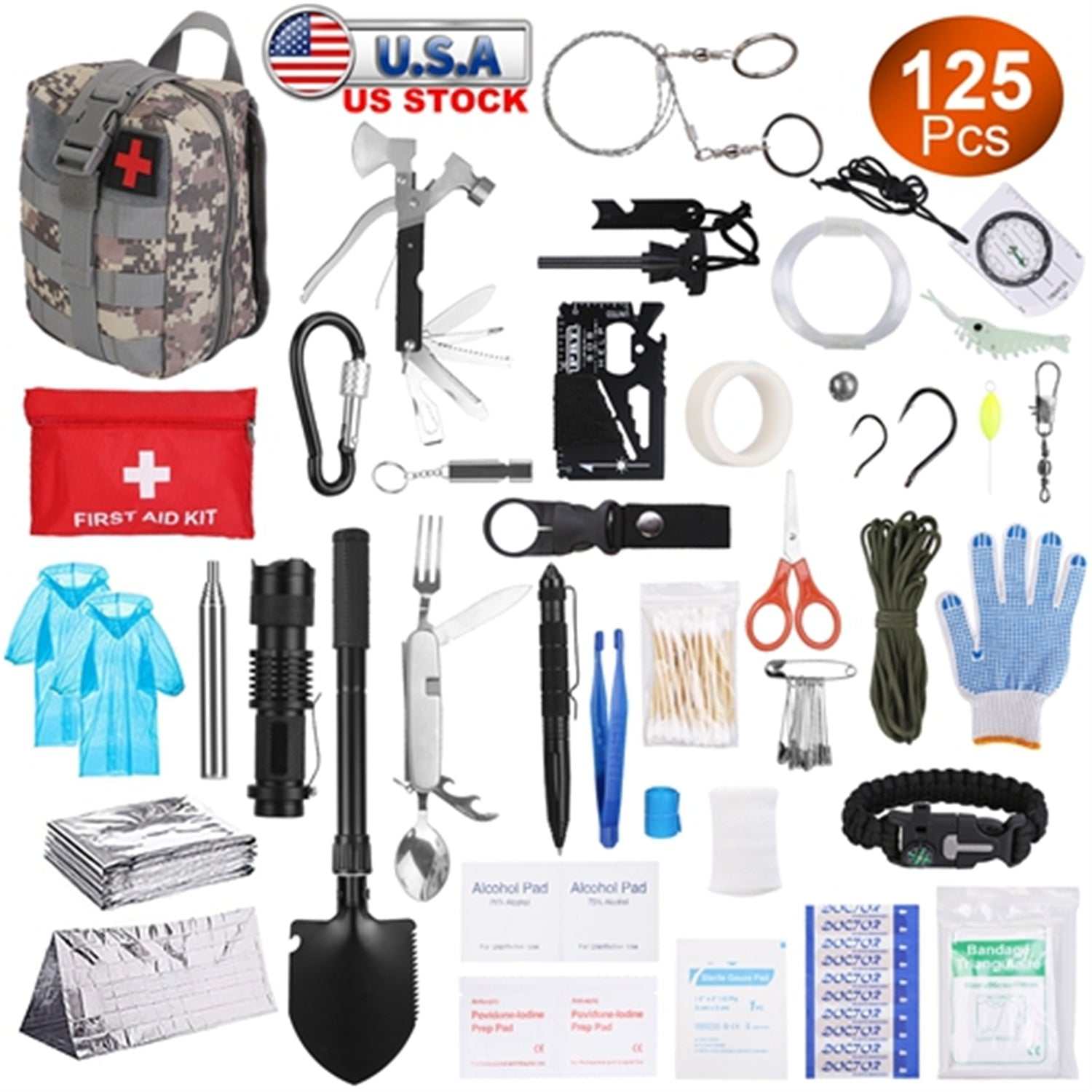 125-piece survival kit with medical supplies, tools, and emergency gear in a portable pouch for camping and outdoor use