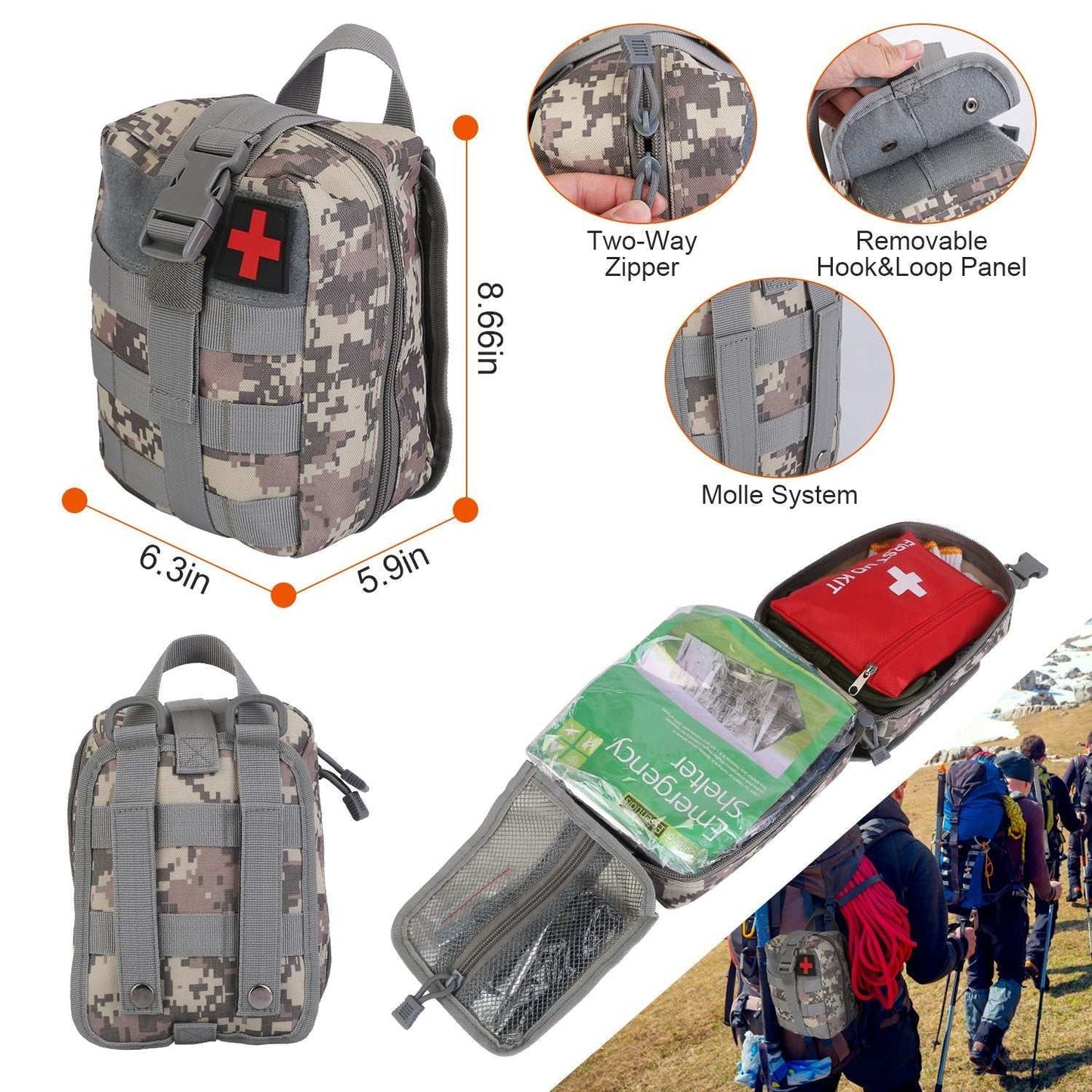125-piece survival kit with emergency gear including first-aid, compass, flashlight, and multitools in a portable pouch for outdoor camping and hiking
