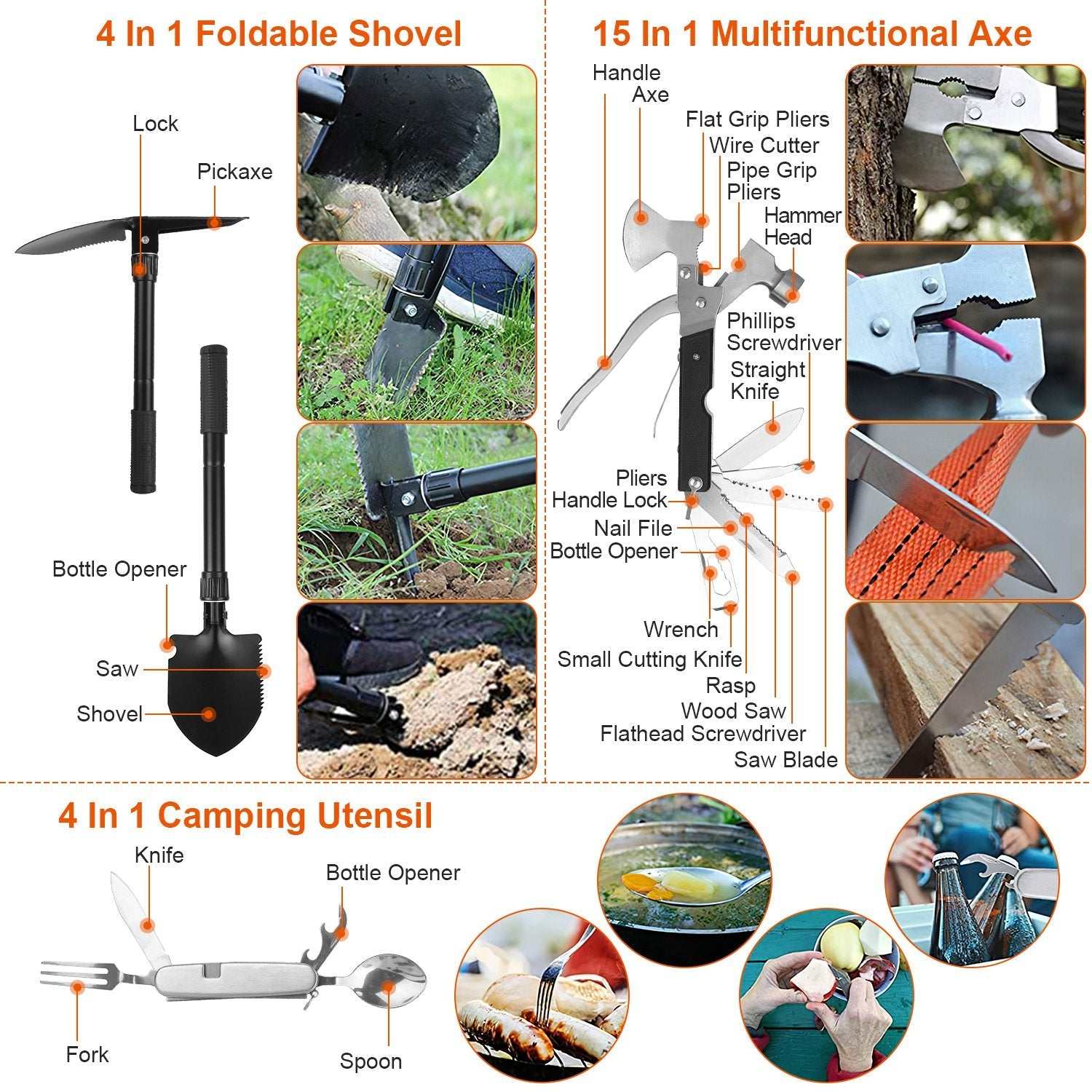 125Pcs Survival Kit with multitool axe, shovel, tactical pen, flashlight, compass, raincoat, thermal blanket, and first aid supplies in portable pouch