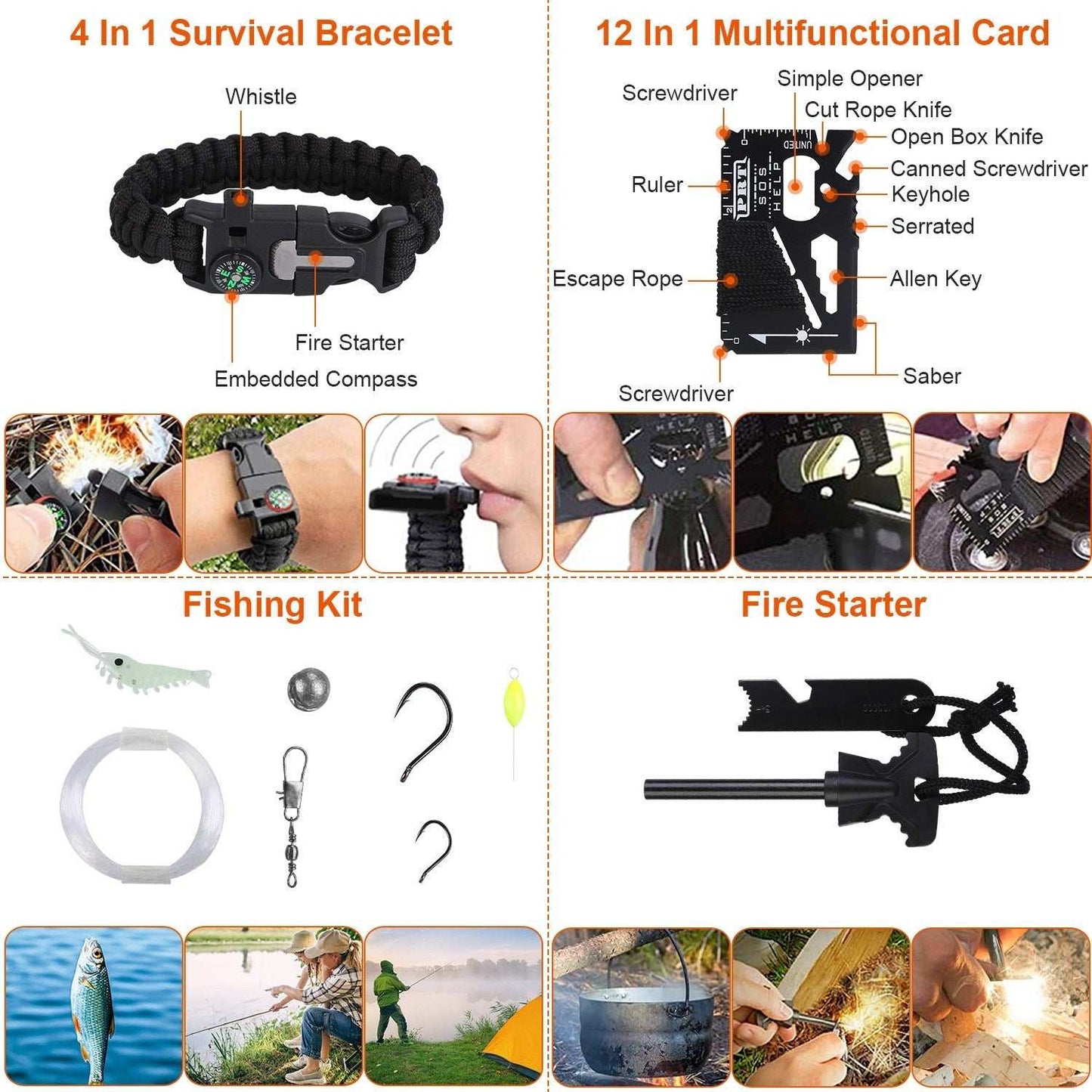 125Pcs Survival Kit with axe, shovel, tactical pen, flashlight, compass, first aid supplies in portable pouch for outdoor emergencies