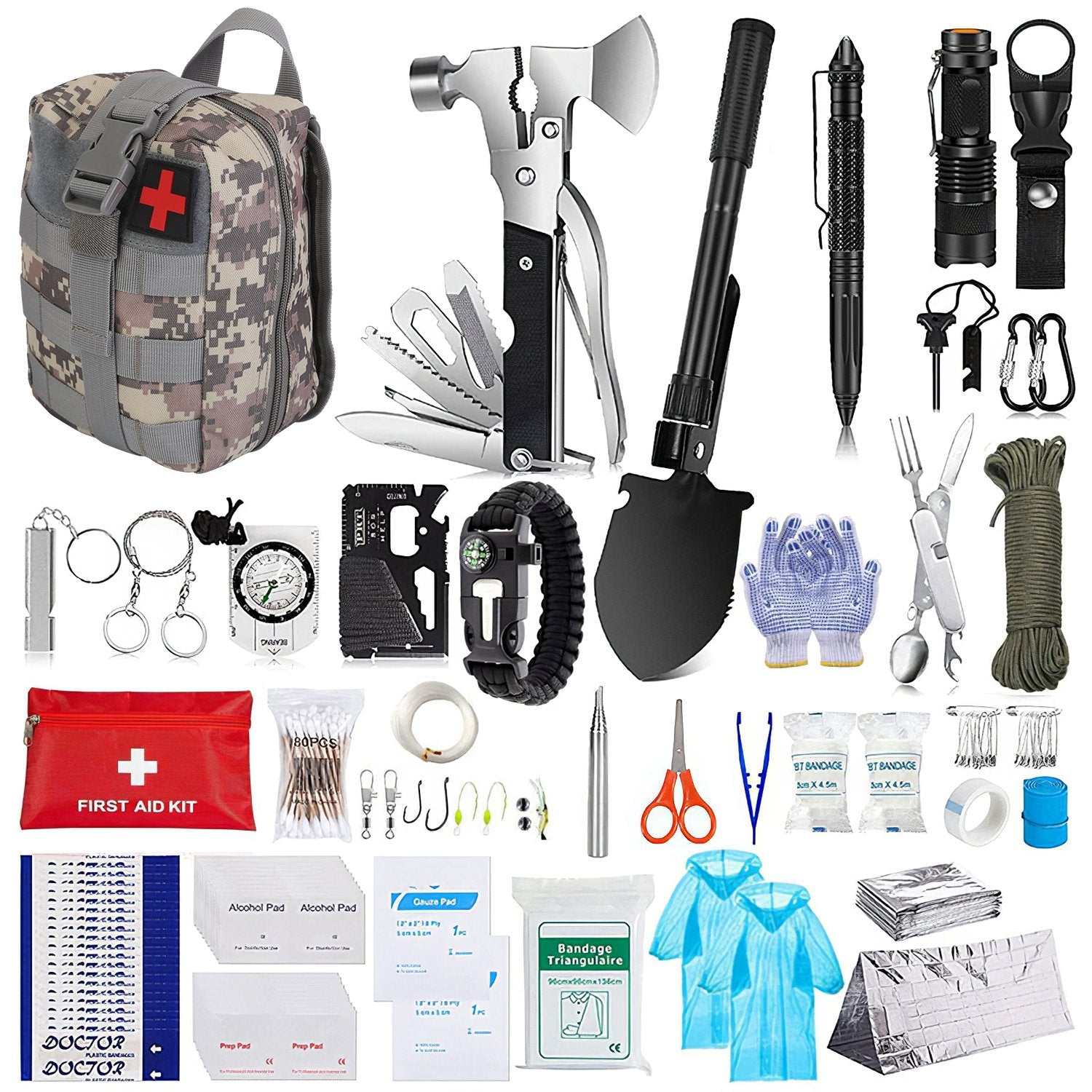 125Pcs Survival Kit with axe, shovel, tactical pen, flashlight, compass, raincoat, thermal blanket, and first aid kit in a durable pouch for outdoor adventure