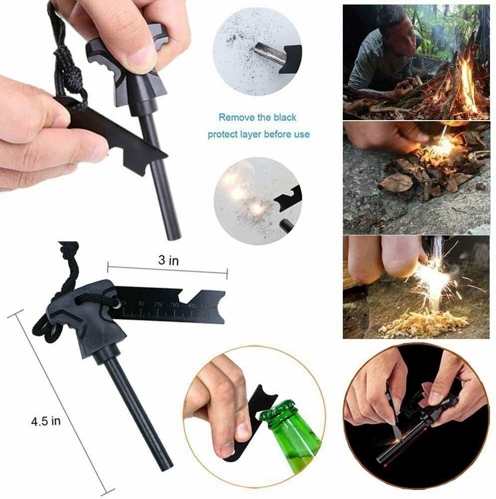 Compact 14-in-1 Outdoor Emergency Survival Kit with compass, whistle, multi-tool card, thermal blanket, and fire starter in a waterproof black case
