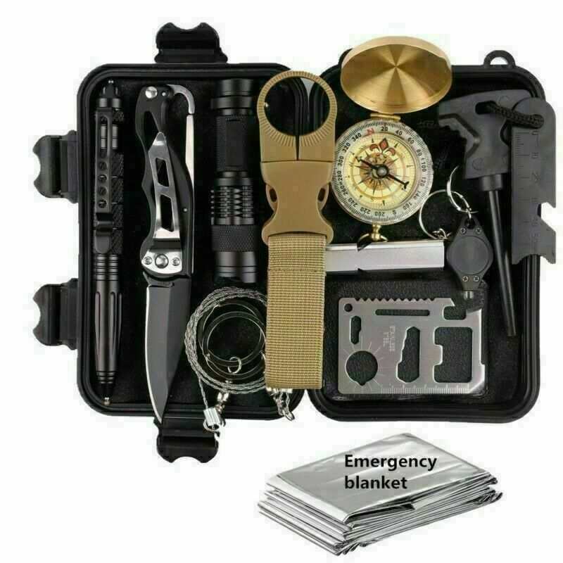 14 In 1 Outdoor Emergency Survival Kit with compass, whistle, thermal blanket, and multitools in a compact black case for camping and hiking