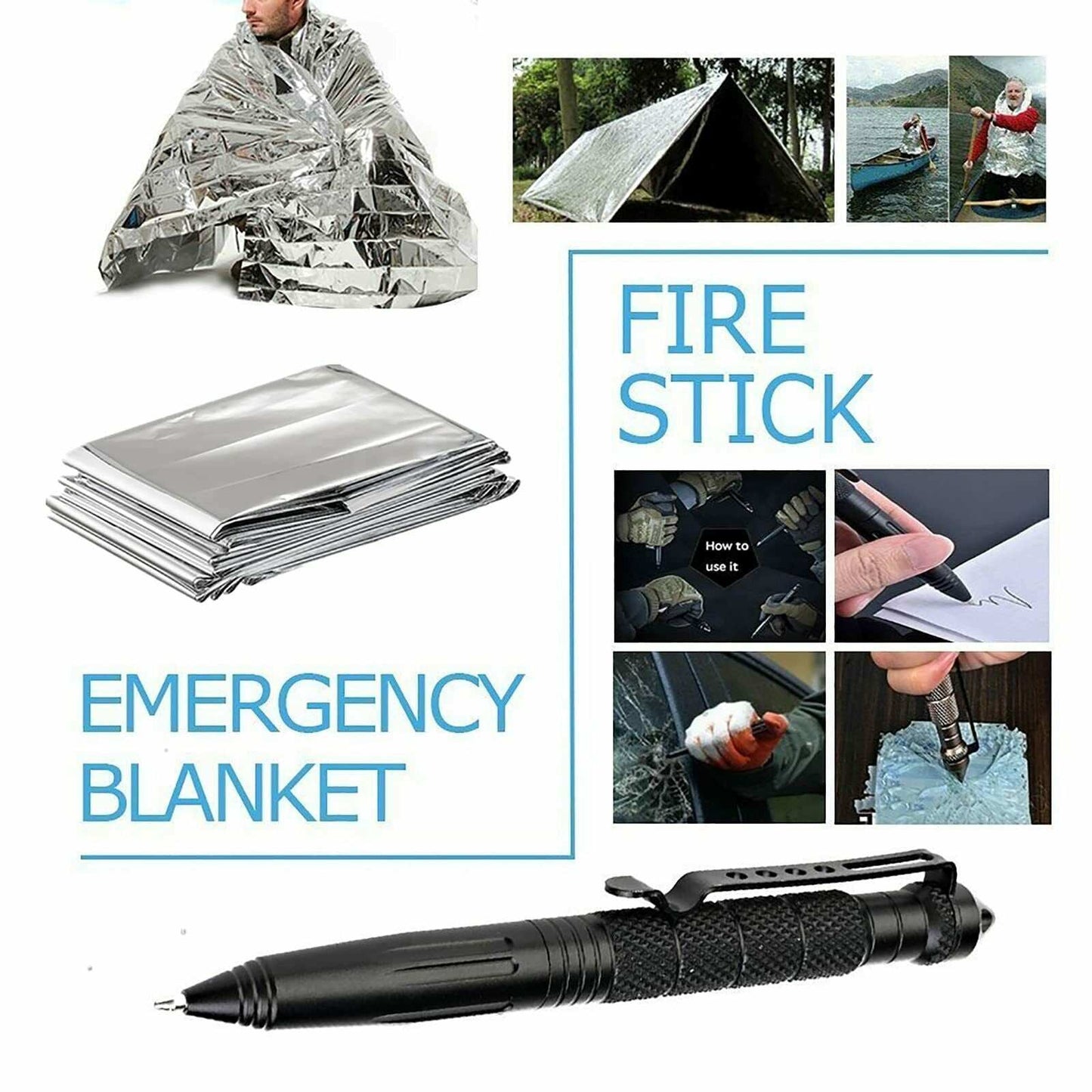 Compact 14-in-1 Outdoor Emergency Survival Kit with compass, whistle, saber card, thermal blanket, and fire starter in waterproof case