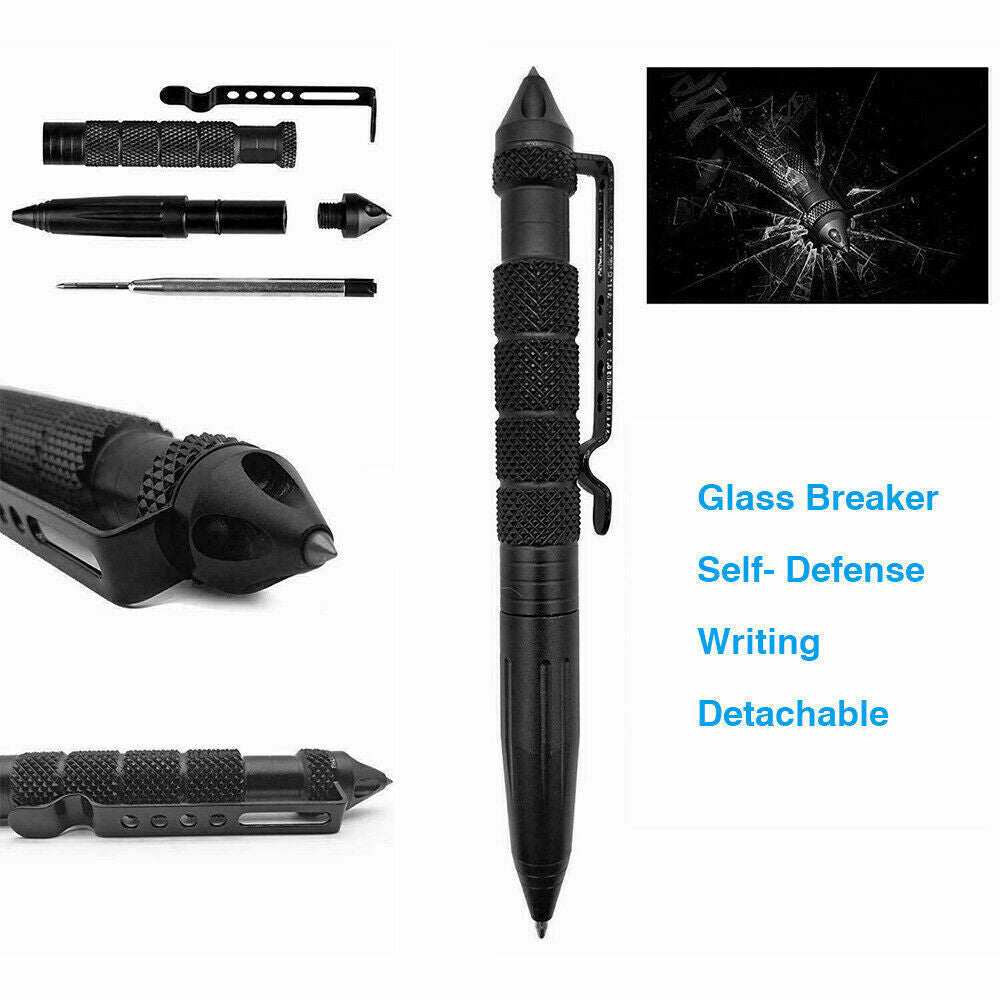 Compact 14-in-1 outdoor emergency survival kit with compass, whistle, multi-tool card, thermal blanket, and fire starter in waterproof black case