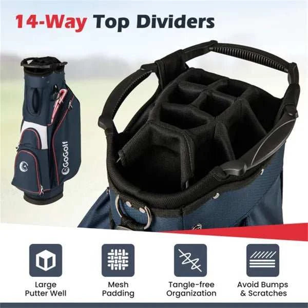 14-way golf cart bag with 6 pockets, waterproof zippers, and full club organization on a golf cart