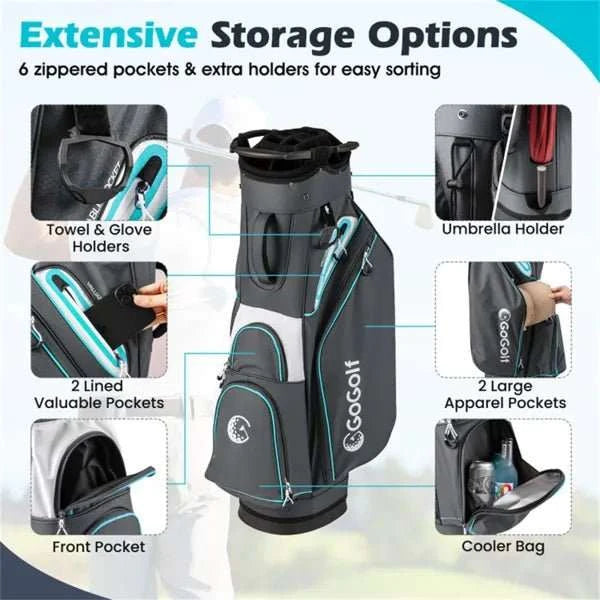 14 way golf cart bag with cooler pocket and waterproof zippers on golf cart