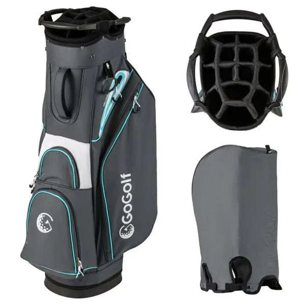 14 way golf cart bag with cooler pocket and waterproof zippers organizing clubs on a golf cart