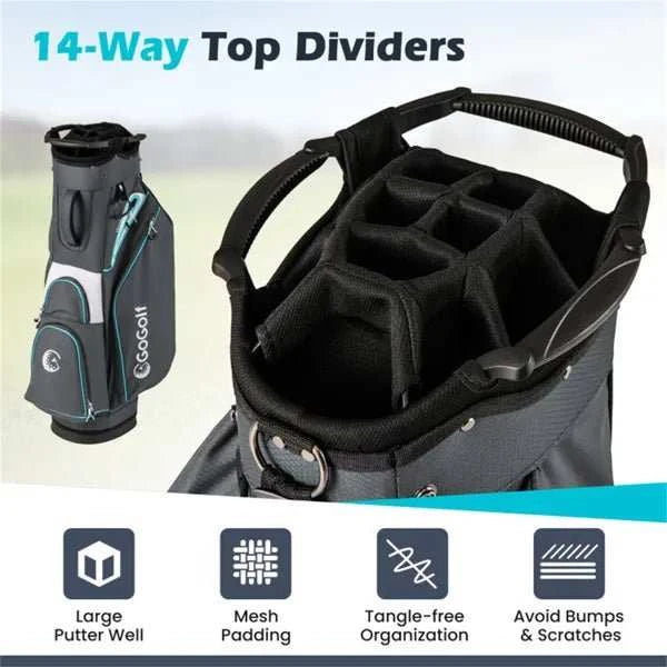 14 way golf cart bag with cooler pocket and waterproof zippers for organized clubs and weather protection