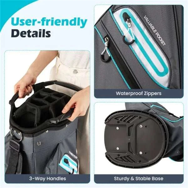 14 way golf cart bag with cooler pocket and waterproof zippers organizing clubs and drinks