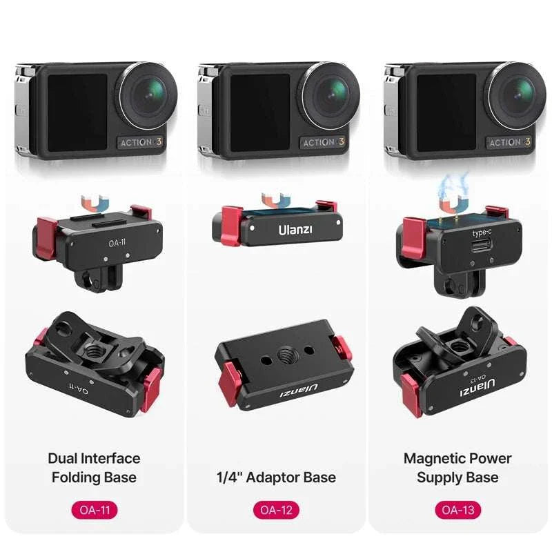 Ulanzi OA-11 Dual Interface Folding Base for DJI Osmo Action 3 showing compact aluminum alloy mount with dual attachment points