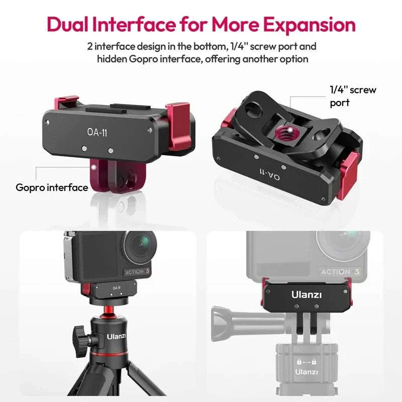 Ulanzi OA-11 Dual Interface Folding Base for DJI Osmo Action 3 showing compact aluminum alloy mount with dual screw ports