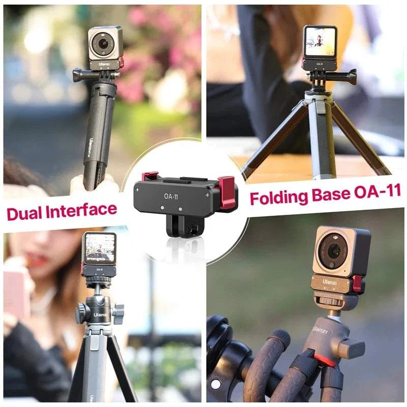 Ulanzi OA-11 Dual interface Folding Base for DJI Osmo Action 3 showing dual mounting ports and compact aluminum design