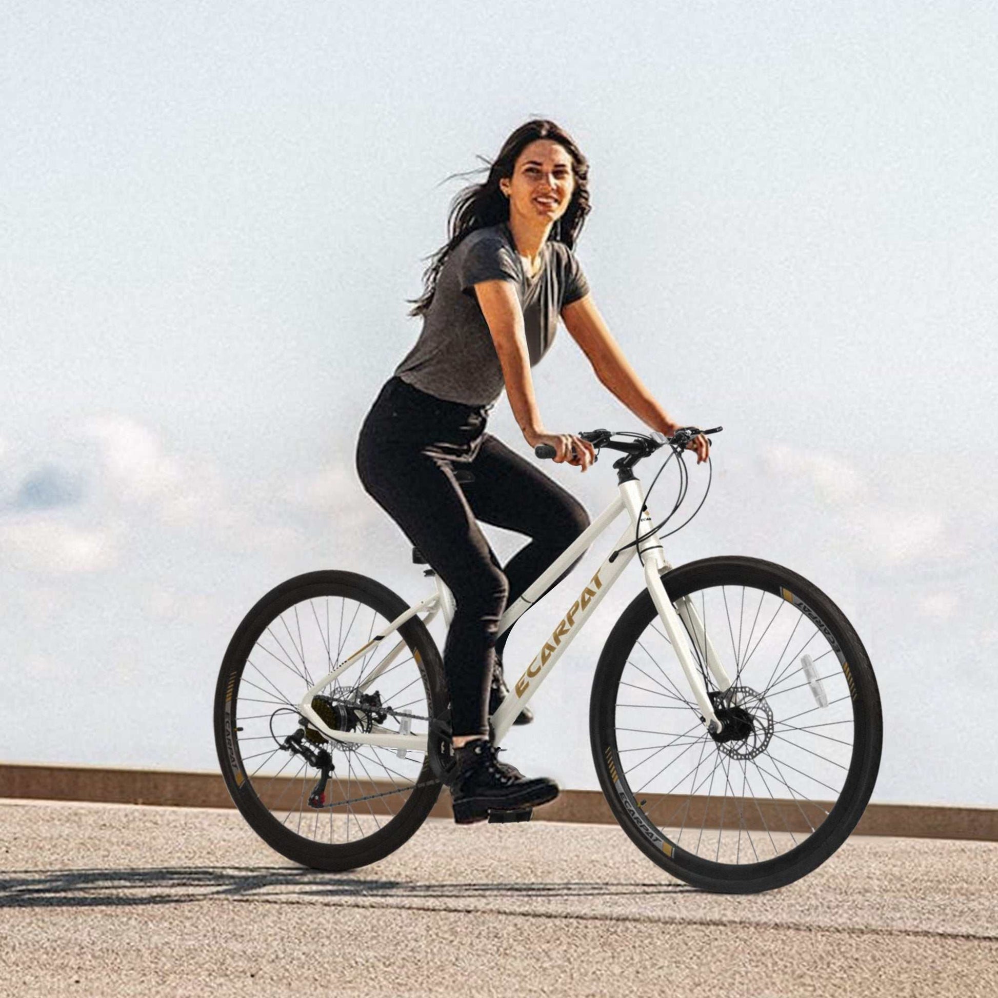 A28250 Road Bike with aluminum wheels, 21-speed gears, disc brakes, and flat handlebar for urban commuting