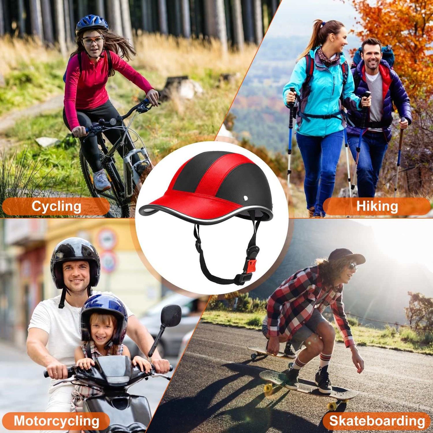 Adjustable safety bicycle helmet with sunshade brim and UV protection in red and black options