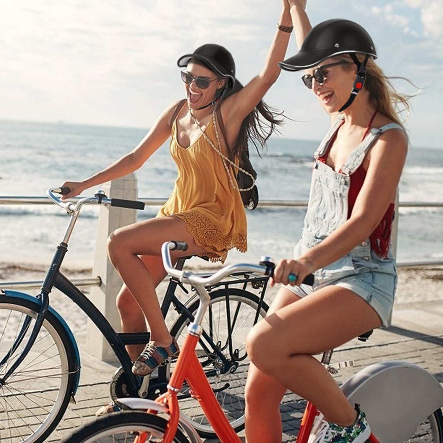Adjustable safety bicycle helmet with sunshade brim and UV protection in red and black designs