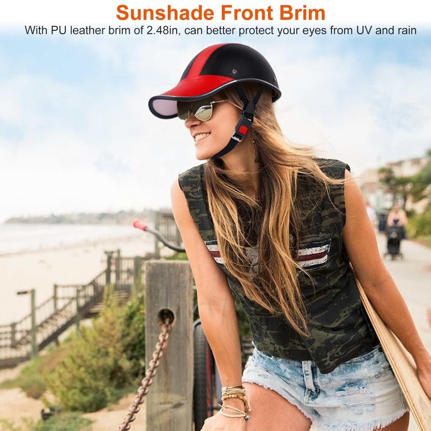 Adjustable safety bicycle helmet with sunshade brim and UV protection in red and black options