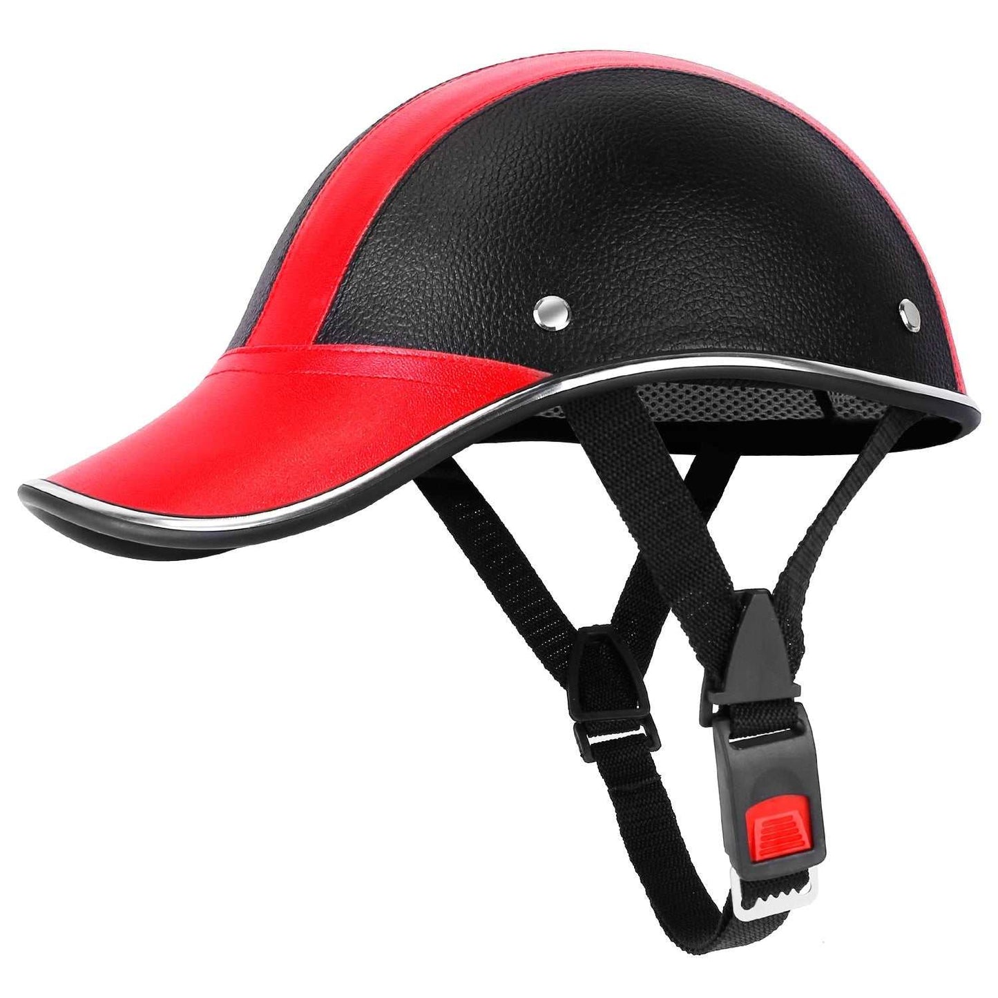 Adjustable safety bicycle helmet with sunshade brim and UV protection in red and black options